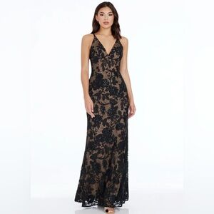 $328 Dress the Population Sharon Black Floral Sequin Lace Gown Dress, XS